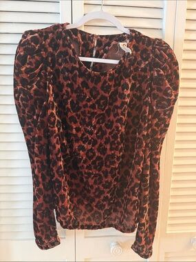 Dolan Leopard Print Puff Sleeve Women's Top - Black & Brown anthropologie xs